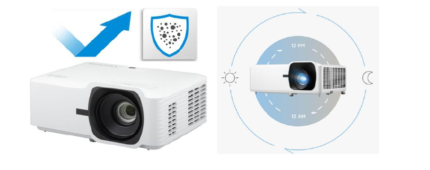 A white projector with a blue logo

Description automatically generated