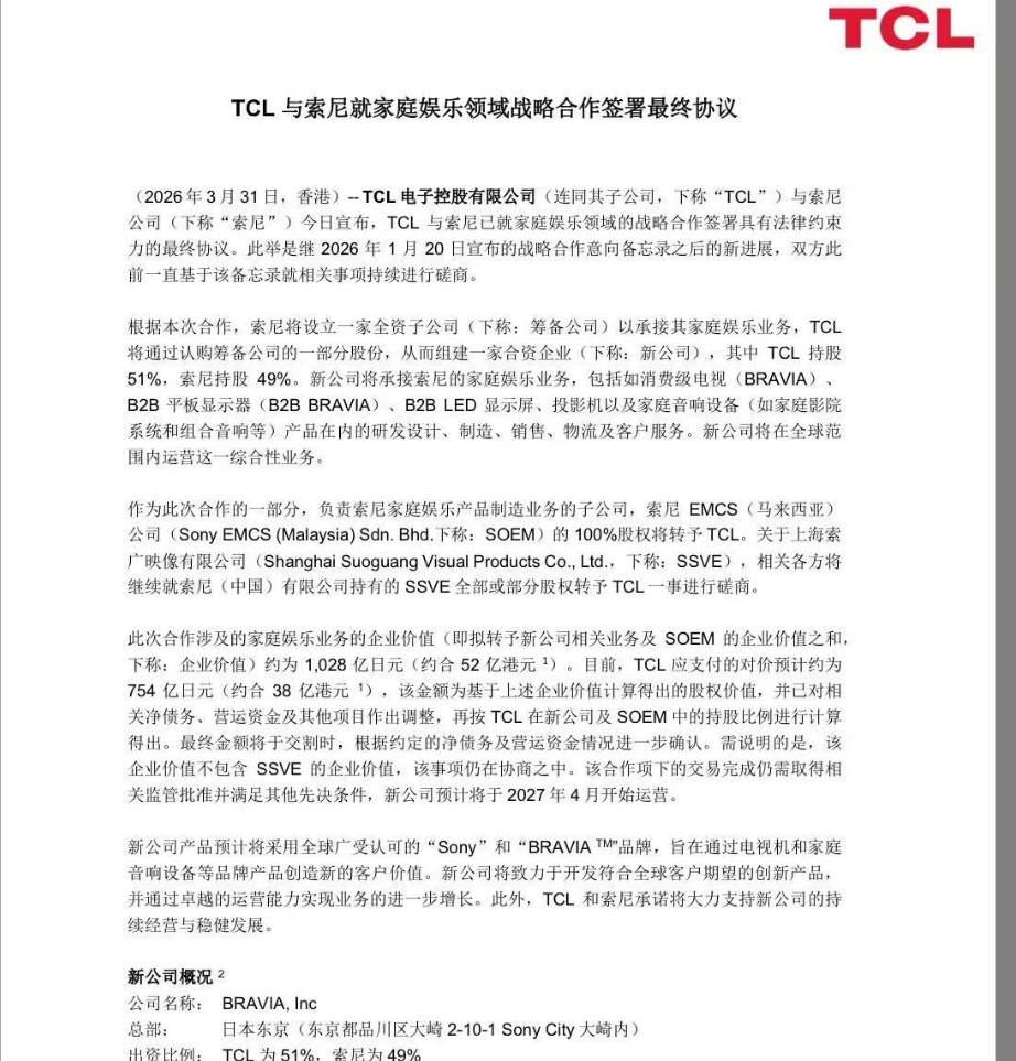 敲定!TCL与索尼签署最终协议,以38亿港元接手索尼电视等业务-视听圈